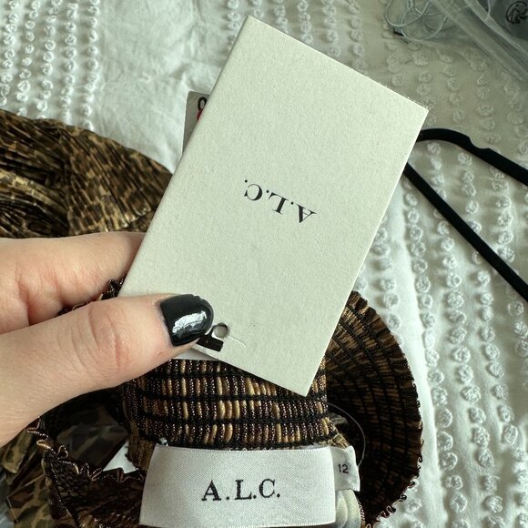 NWT A.L.C. Renzo Pleated Midi Dress Metallic Gold Sz 12 Leopard Print Mock Neck - Picture 3 of 9